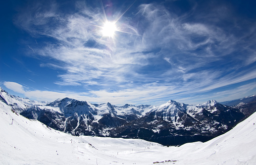 Winter landscape on a ski track in the Haute-Alps in France. Fisheye lens used.