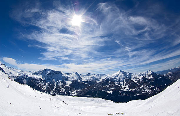 Wide angle photograph of snowy mountains stock photo