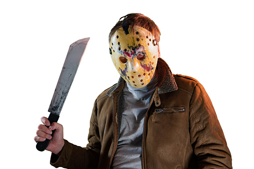 man in maniac movie hockey mask and machete in halloween costume on friday