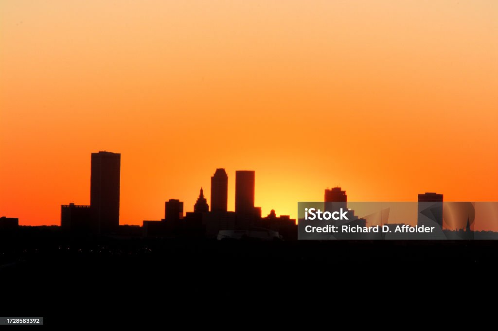 Silhouette of the Tulsa Skyline Silhouette of the Tulsa, Oklahoma skyline at dawn with copy space. Oklahoma Stock Photo