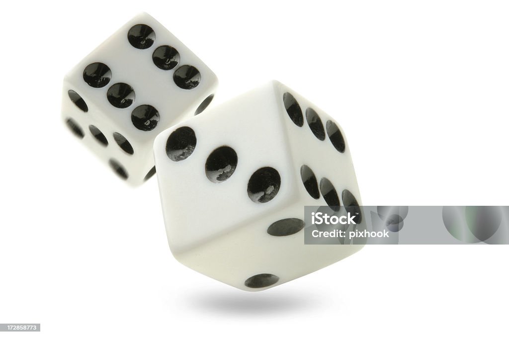 Says Flying White Dice on White. Dice Stock Photo