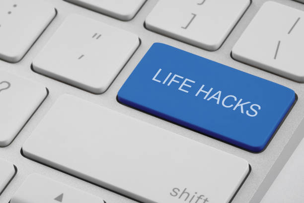 istock Blue button with words Life Hacks on laptop, closeup 1728594560