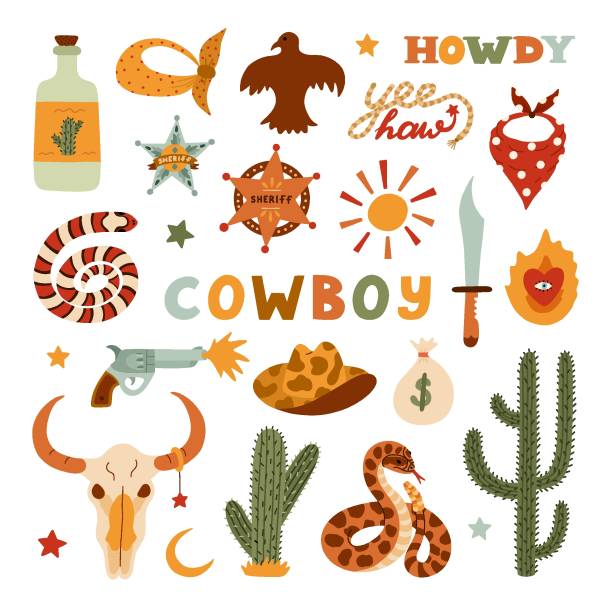 großer wilder westen und cowboy im angesagten flat-style. handgezeichnete einfache vektorillustration mit westernstiefeln, hut, schlange, kaktus, stierschädel, sheriff-abzeichenstern. cowboy-thema mit symbolen von texas - sheriff star skull and crossbones west stock-grafiken, -clipart, -cartoons und -symbole