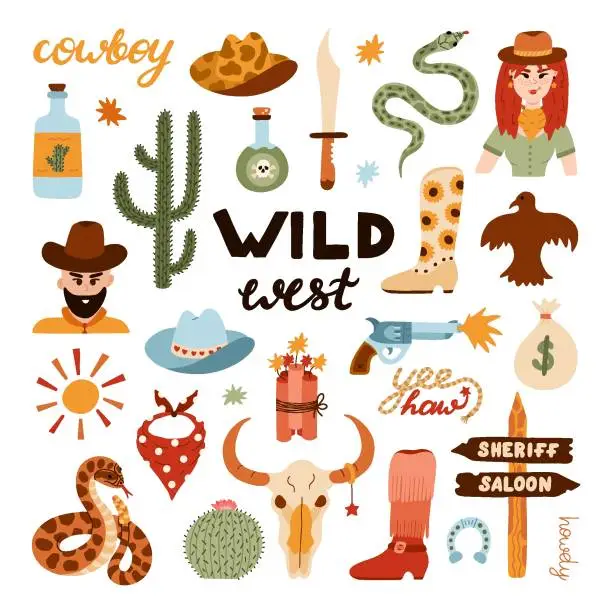 Vector illustration of Big Wild West and cowboy set in trendy flat style. Hand drawn simple vector illustration with western boots, hat, snake, cactus, bull skull, sheriff badge star. Cowboy theme with symbols of Texas