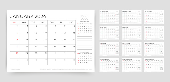 2024 calendar. Planner, calender template. Week starts Sunday. Yearly organizer. Table schedule grid with 12 month. Corporate monthly diary layout. Horizontal simple design. Vector illustration.
