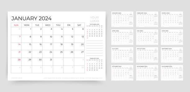 Calendar for 2024 year. Planner template. Vector illustration. Monthly schedule grid. 2024 calendar. Planner, calender template. Week starts Sunday. Yearly organizer. Table schedule grid with 12 month. Corporate monthly diary layout. Horizontal simple design. Vector illustration. may 24 calendar stock illustrations