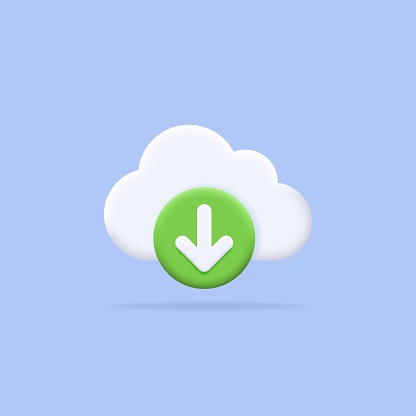Download arrow and cloud. 3d icon of media loading, cloud computing sign for virtual server storage management, data transfer, share, web security, system backup concept. Isolated vector illustration