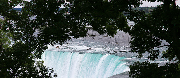 View looking through trees at the falls of Niagara Falls from Ontario Canada.