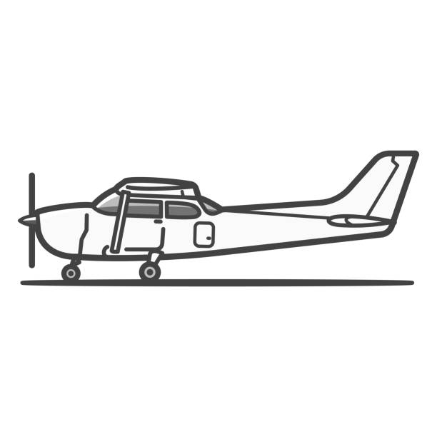 ilustraciones, imágenes clip art, dibujos animados e iconos de stock de desde el lado aterrizaje de aviones de hélice avión pequeño de ala alta, entrenamiento de pilotos, vuelo turístico, etc. - vfr
