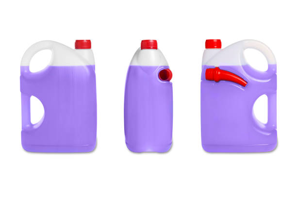 istock Plastic canister with violet liquid on white background, different sides 1728628461