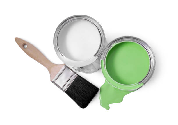 istock Cans of paints and brush isolated on white, top view 1728629002