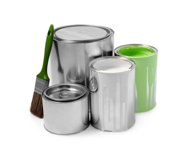 istock Cans of paints and brush isolated on white 1728629520