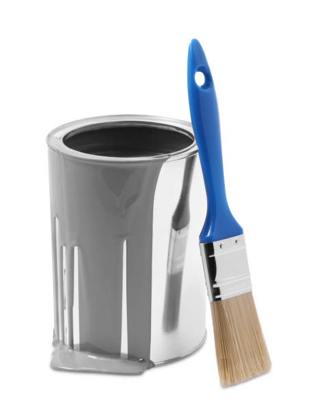istock Can of grey paint and brush isolated on white 1728629523
