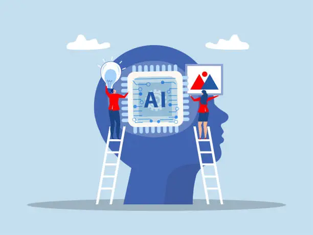 Vector illustration of Digital brain human  ,Businesswoman work AI artificial intelligence with idea on AI artificial intelligence chip.AI prompt engineer or robot assistance concept