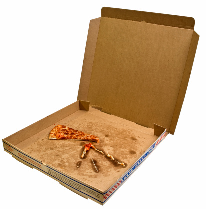 an open pizza box with one slice of cheese pizza remaining.