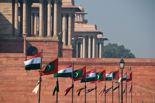 Indian flags outside the Secretariat Buildings in Delhi