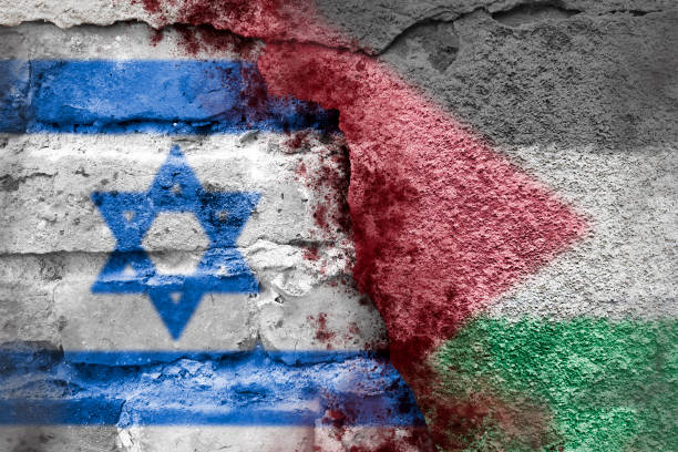 Israel and Palestine. Gaza. Global war. Israeli and Palestinian flags on a brick wall with blood splatters. International conflict and the fight against terrorism. war stock pictures, royalty-free photos & images