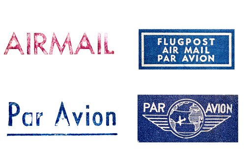 The third in a series of unique air mail stamps and labels isolated on white.  Great design elements.