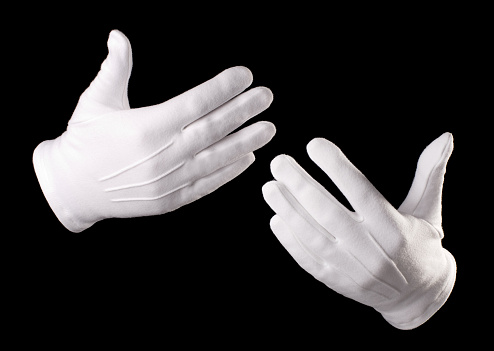 Hands wearing white gloves gesturing.