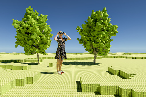 Woman using VR headset. 3D generated image.