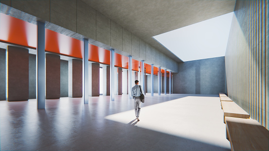 Young businessman walking in modern office building. 3D generated image.