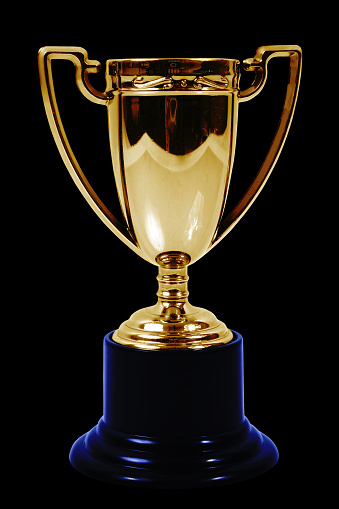 Gold trophy on a black background.