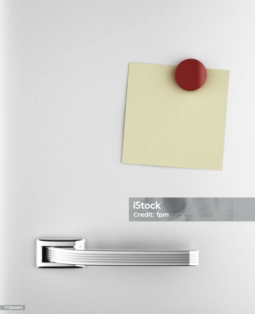 Fridge Note Perfectly clean royalty free 3d rendering of note on fridge door. Smooth gradient on retro chrome handle. Refrigerator Stock Photo