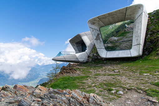 Kronplatz, Italy-June 14, 2023; Messner Mountain Museum on the summit of Kronplatz mountain at elevation of 2,275 metres above sea level in Dolomites, designed by Zaha Hadid