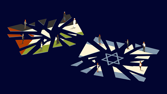 11 people stand on the pieces of a shattered Israeli flag and Palestinian flag, in this conceptual illustration representing conflict between Israel and Palestine, e.g. the 2023 Israel-Hamas war. Vector image presented in isometric view on a 16x9 artboard.