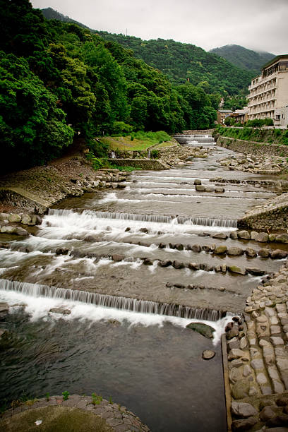 Flowing waterfall at Hakone, Japan stock photo