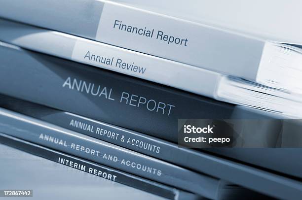연례 보고서 재정 보고서에 대한 스톡 사진 및 기타 이미지 - 재정 보고서, 보고서, 책
