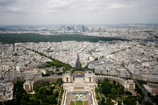 Paris skyline view from Eiffel Tower. Black and white.