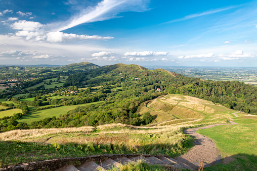 Stone steps leading northwards,down towards the Malverns,from the summit of the Iron Age hill fort,located at the top of Herefordshire Beacon.