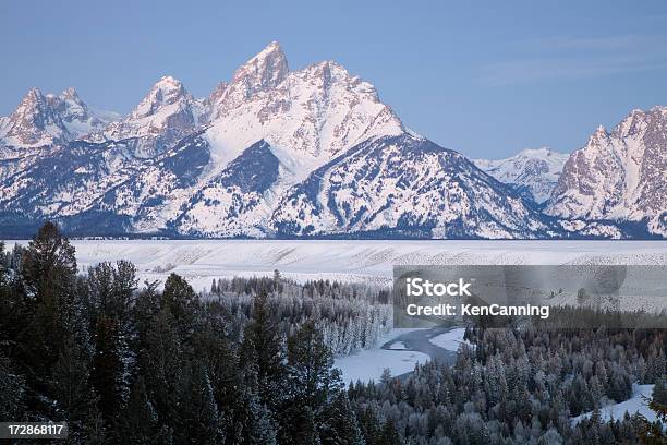Grand Teton Mountain In Winter At Snake River Overlook Stock Photo - Download Image Now