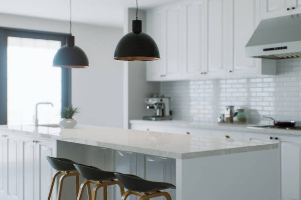 istock Large white kitchen with appliances and island accent. Kitchen with household appliances and utensils. 3D rendering 1728683087