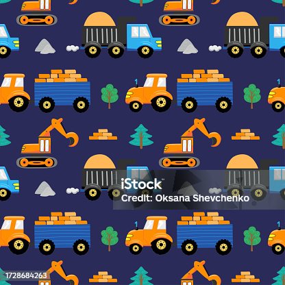 istock Seamless pattern with hand drawn transport. Tractor, truck and excavator. Cartoon background for Kids. Vector illustrations. Kids wallpaper design. Baby room design, wall decor, mural. 1728684263