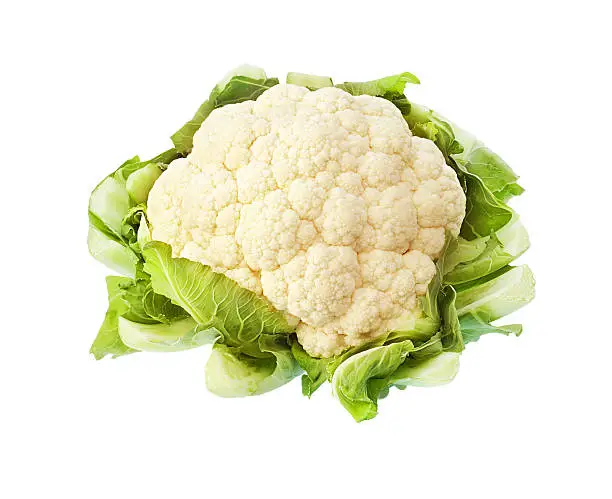 Photo of A cauliflower with foliage isolated on a white background