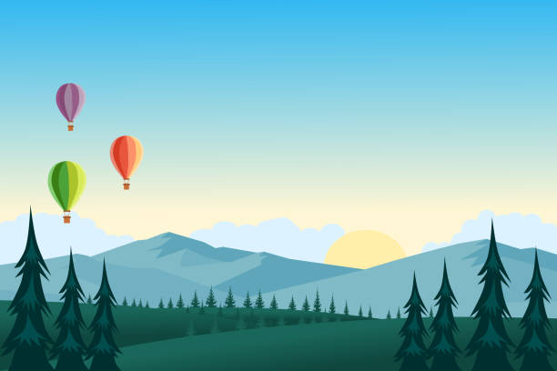 ilustrações de stock, clip art, desenhos animados e ícones de colorful hot air balloons flying over mountain landscape. green meadows and trees illustration. - air nature high up pattern