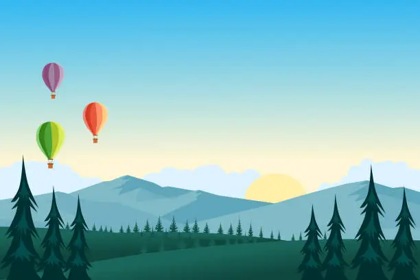 Vector illustration of Colorful hot air balloons flying over mountain landscape. Green meadows and trees illustration.