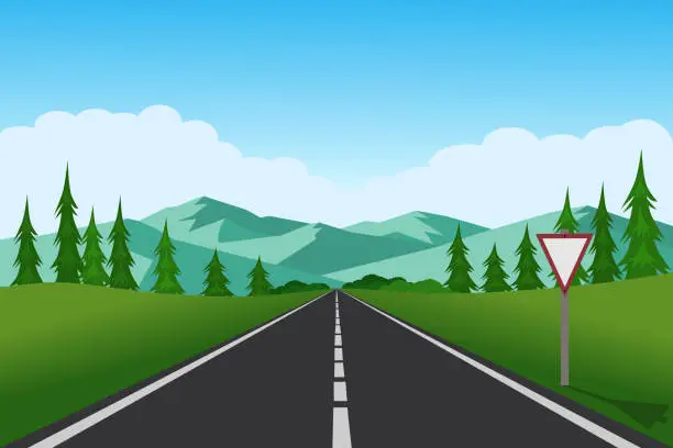 Vector illustration of Straight empty road through the countryside. Green hills, blue sky, meadow and mountains. Summer landscape vector illustration.