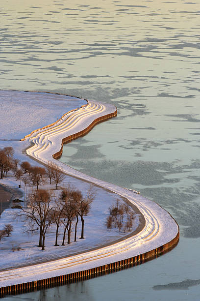 A topdown view of Lake Michigan shore in Chicago.