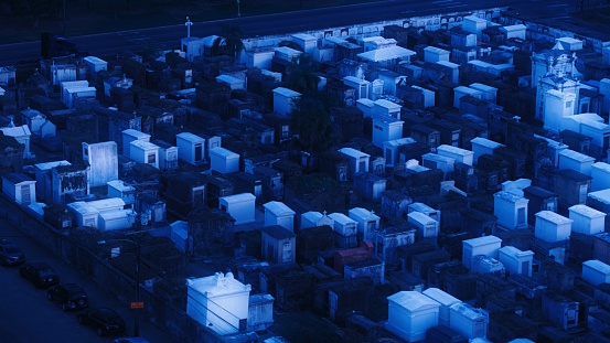Drone View of Cemetery in New Orleans at Night