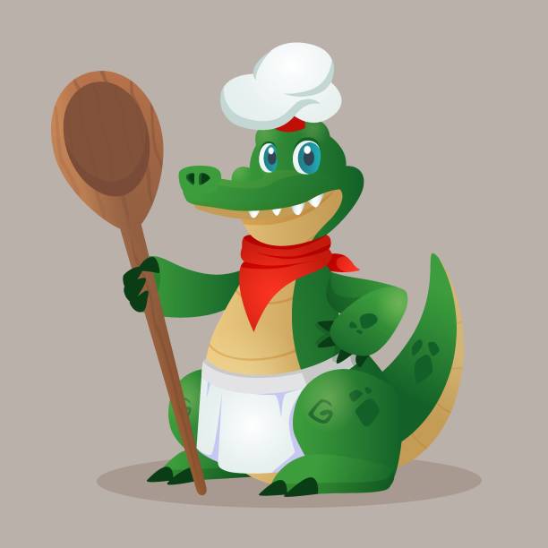 istock Cartoon crocodile chef with big wodden spoon. Vector character in chef hat and apron for game. children book, education, web or advertisign 1728691283