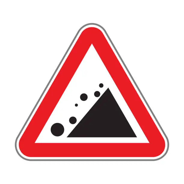 Vector illustration of Falling Rock Debris. Traffic Road Sign. Isolated on White. Vector Illustration