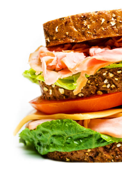 Sandwich with floating ingredients isolated on white background