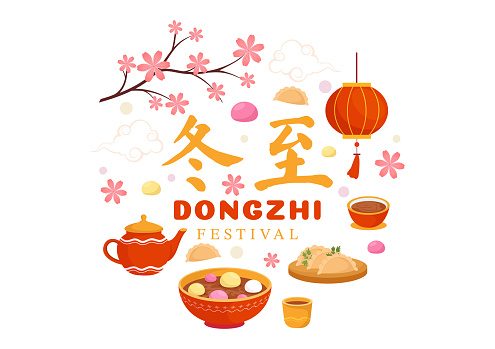 Dongzhi or Winter Solstice Festival Vector Illustration on December 22 with Chinese Food Tangyuan and Jiaozi in Flat Cartoon Background Design