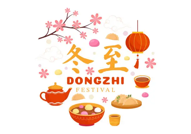 Vector illustration of Dongzhi or Winter Solstice Festival Vector Illustration on December 22 with Chinese Food Tangyuan and Jiaozi in Flat Cartoon Background Design