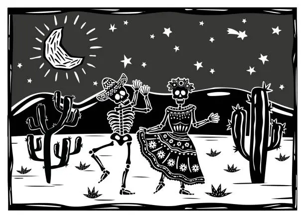 Vector illustration of Skull couple dancing in a desert landscape, with cactus in te moonlight, for Halloween or DIA DE LOS MUERTOS. Vector woodcut or lino print style.