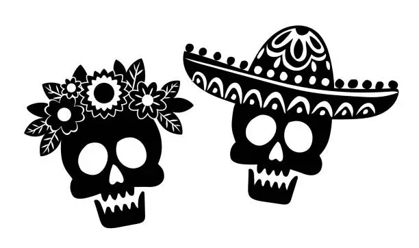 Vector illustration of Skull couple with sombrero and flowers for Halloween or DIA DE LOS MUERTOS. Vector illustration in black and white