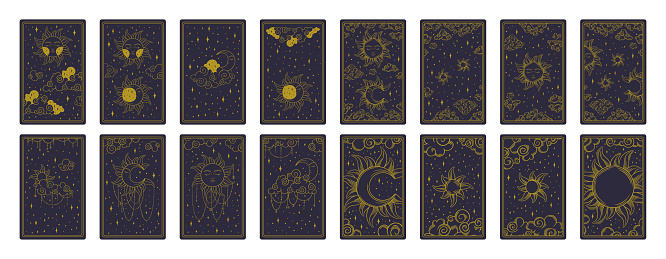 Tarot aesthetic golden card set. Heavenly tarot designs for oracle card covers. Vector illustration isolated in blue background